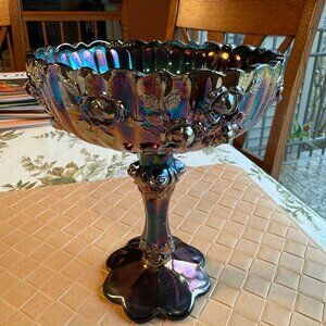 Vintage Fenton Compote Bowl Cabbage Rose Carnival Glass Blue Amethyst Iridescent